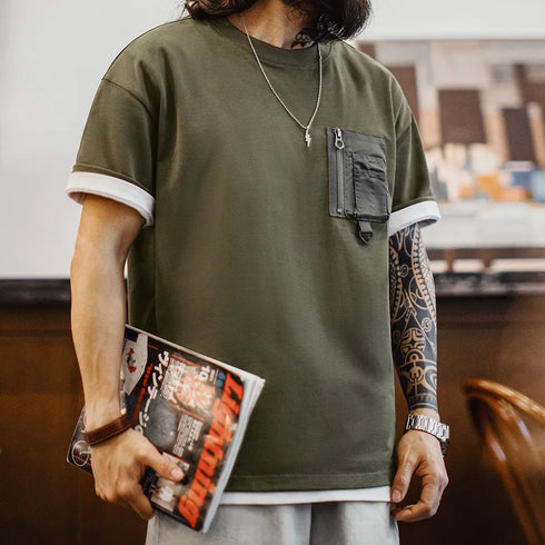 Men’s Vintage Green Pocket Tee – Heavyweight Cotton Summer T-Shirt